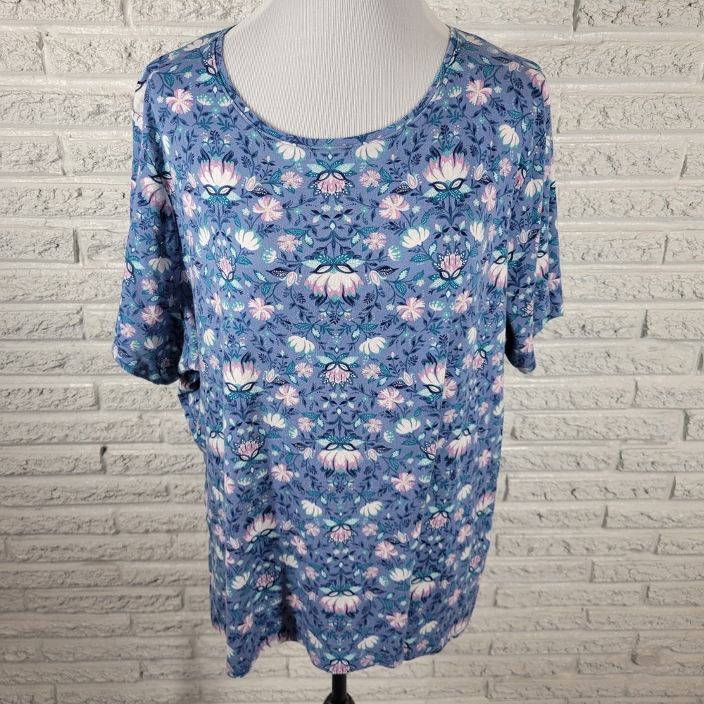 Croft & Barrow Womens 2X Floral T-Shirt Short Sleeve Crew Neck Blue Cotton Tee